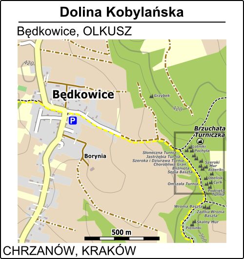 Dolina Kobylańska - mapa dojścia od Będkowic