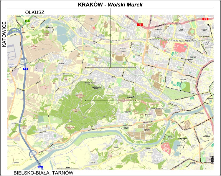 Kraków - mapa dojazdu do skały Wolski Murek