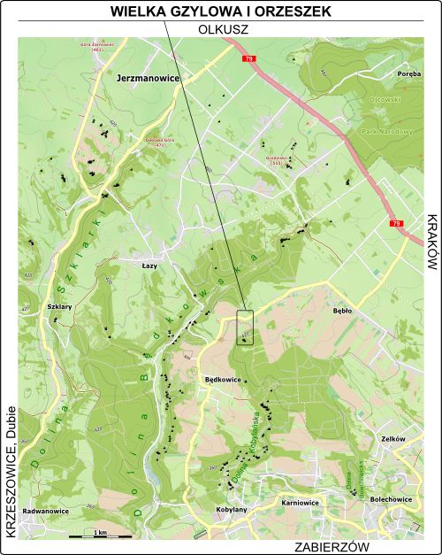 Wielka Gzylowa i Orzeszek - mapa dojazdu