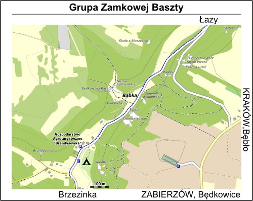 Mapa dojścia do skały Babka w Grupie Będkowskiej Baszty