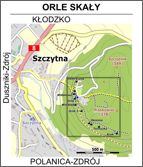 Mapa dojazdu do Orlich Skał na wzgórzu Szczytnik