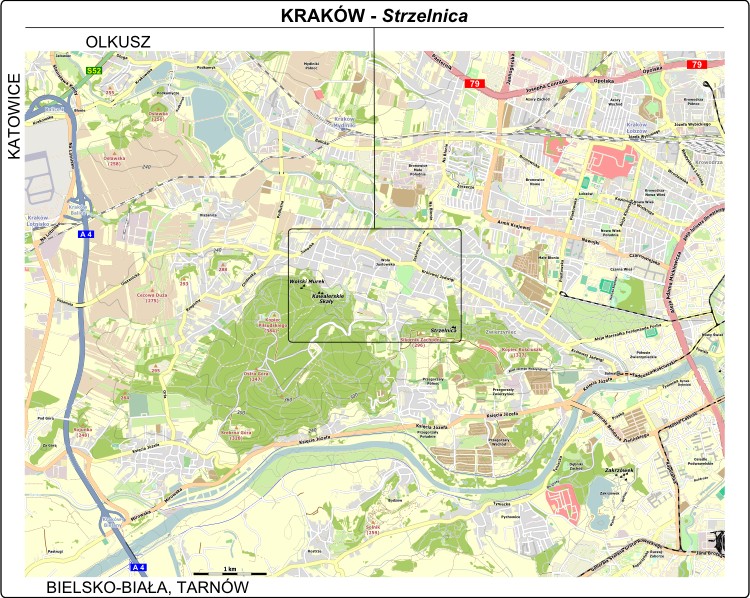 Kraków - mapa dojazdu do skały Strzelnica
