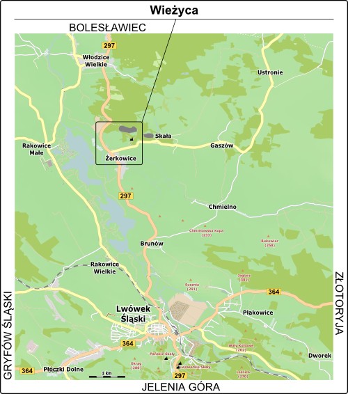 Mapa dojazdu do Skały z medalionem zwanej Wieżyca